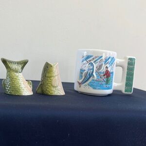 Vintage Bass Fish Salt & Pepper Shakers and Fishing Coffee Mug
